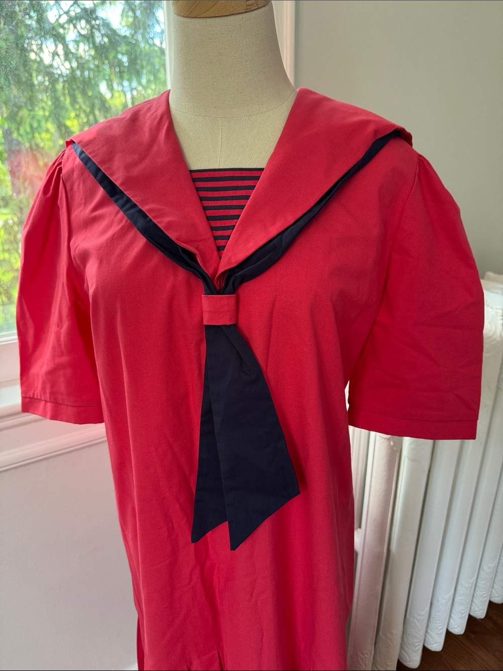 Vintage Laura Ashley coral cotton Midi Sailor Dress with Navy Trim - Picture 3 of 13